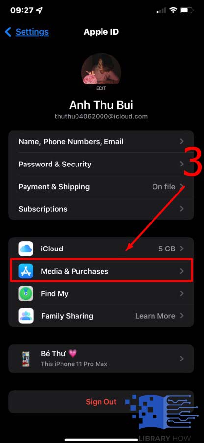 Tap on Media & Purchases from the drop-down menu - Step 3