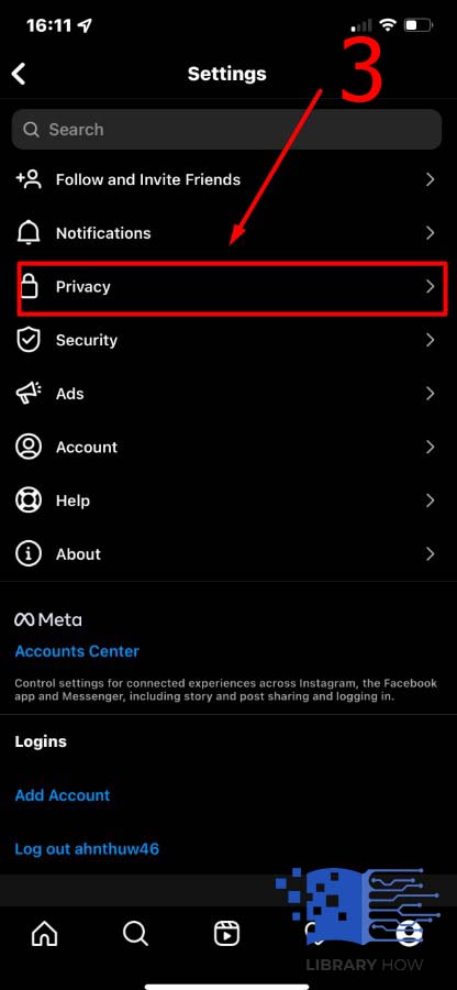 Tap on privacy on Instagram - Step 3