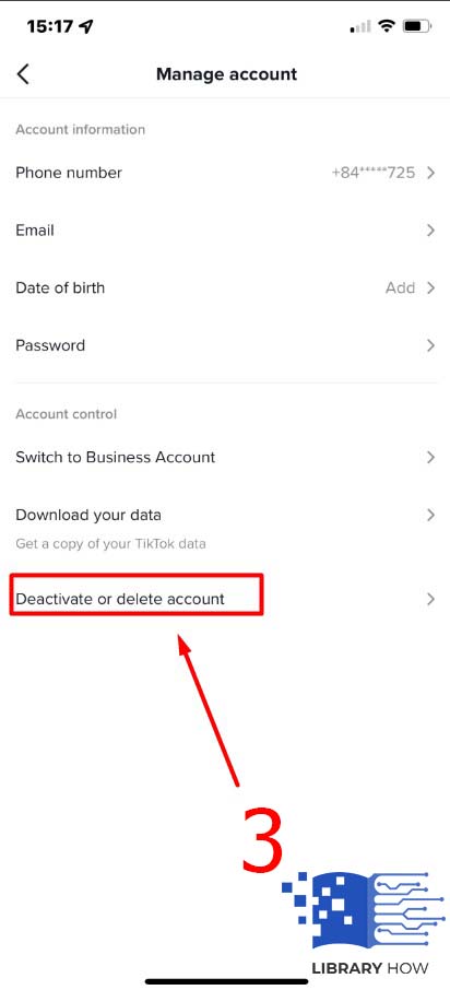 Navigate to Delete Account at the bottom of the Manage Account page - Step 3