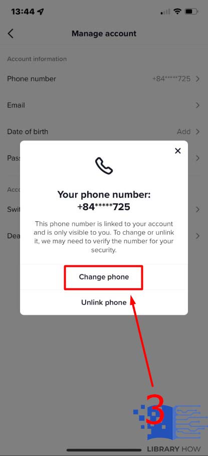 Select Change - Verify the current phone number using code - Step 3