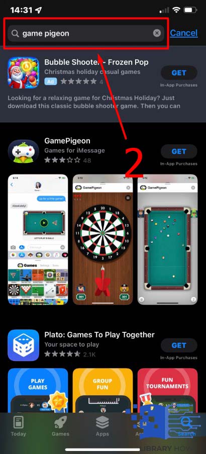 click on Search and type Game Pigeon - Step 2