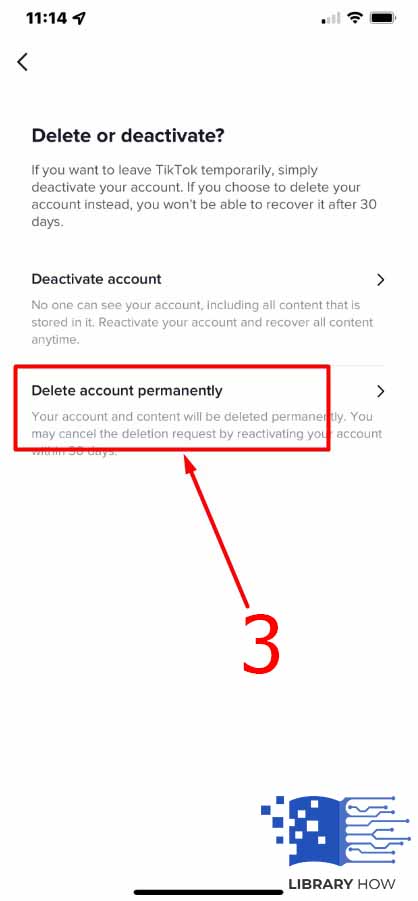 Select the Delete account option - Step 3